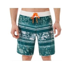 Oakley Mens Board Shorts Teal Green Tropical Palm Stripe Swim Trunks sz 36 Beach